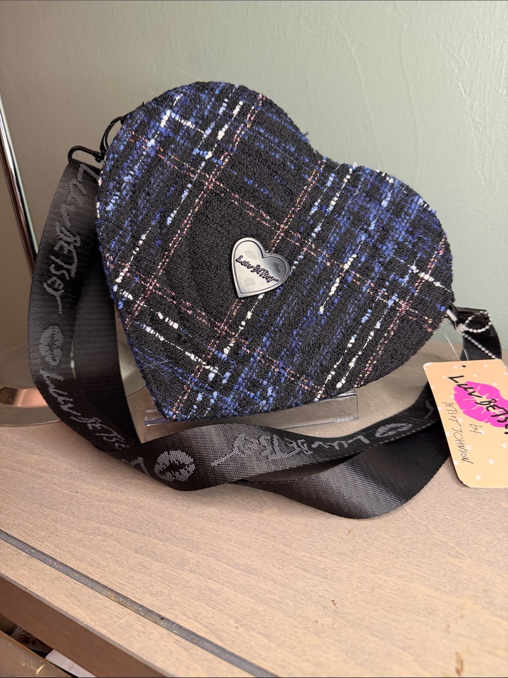 Betsey Johnson Black & Blue Plaid Heart Crossbody